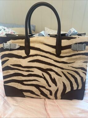 Ralph Lauren Designer Zebra-Print Tote Bag in Brown and Cream